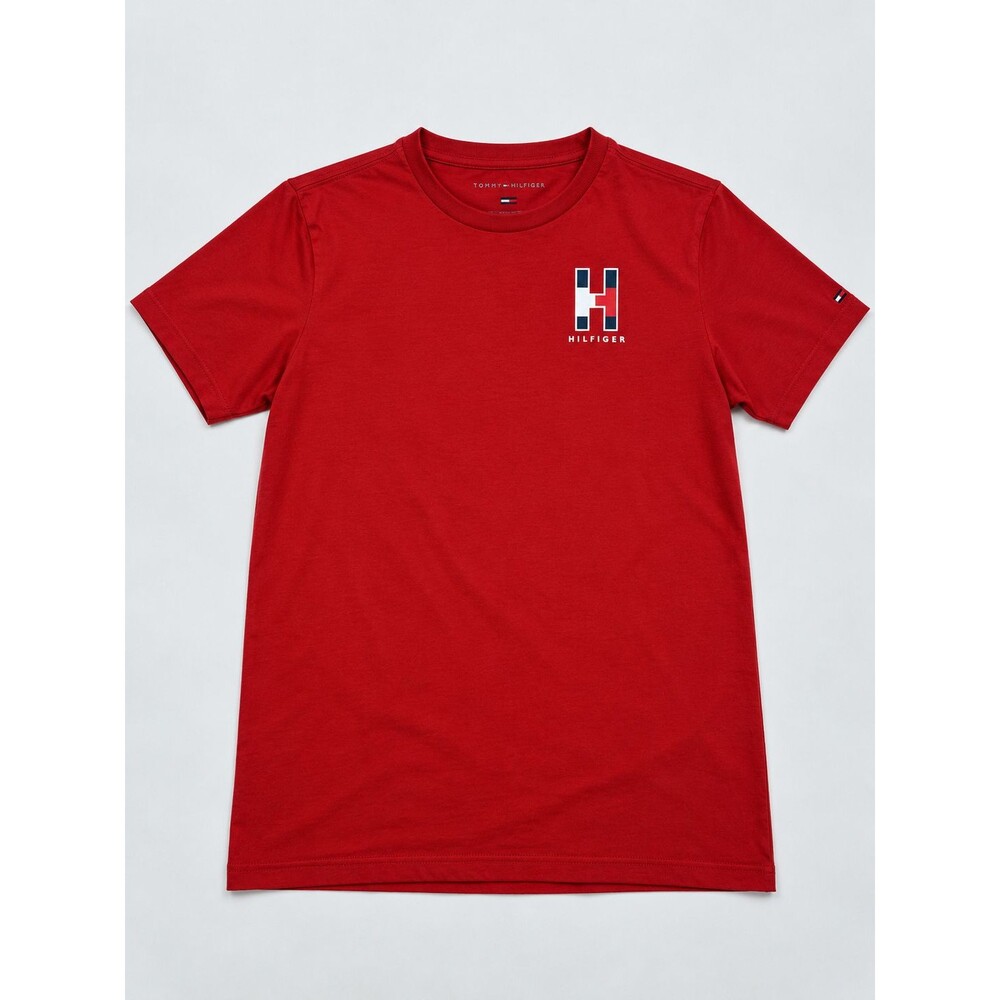 Tommy Hilfiger Boys L 16/18  Red Short Sleeve Logo T Shirt Cotton Tee Preowned